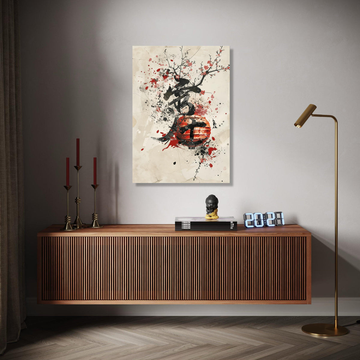 Japanese Lantern Canvas Wall Art, Ink Splash Cherry Blossom Painting, Asian Calligraphy Print, Modern Oriental Gift Art, Home Decor, Print