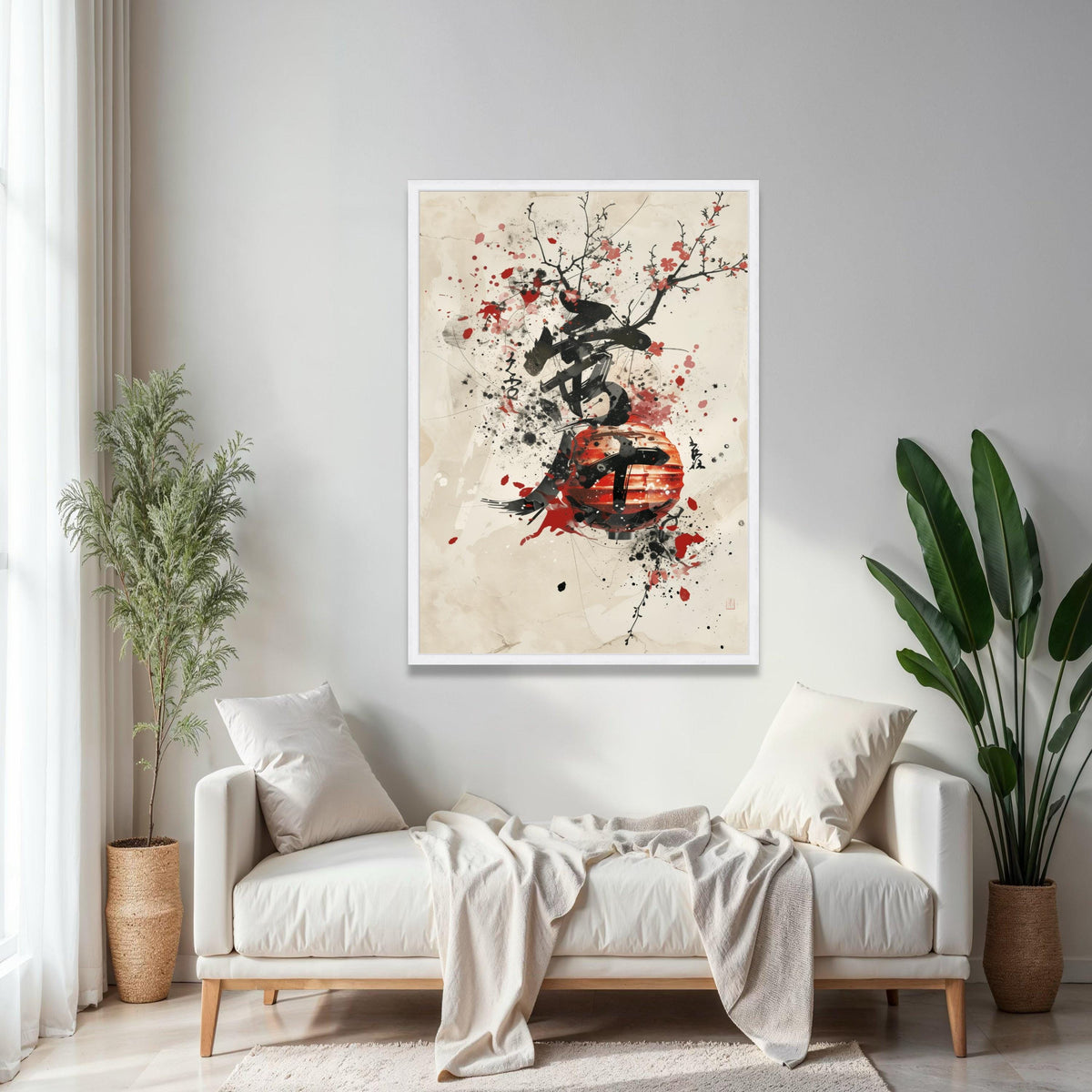 Japanese Lantern Canvas Wall Art, Ink Splash Cherry Blossom Painting, Asian Calligraphy Print, Modern Oriental Gift Art, Home Decor, Print