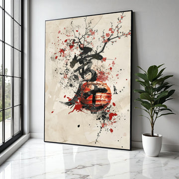 Japanese Lantern Canvas Wall Art, Ink Splash Cherry Blossom Painting, Asian Calligraphy Print, Modern Oriental Gift Art, Home Decor, Print