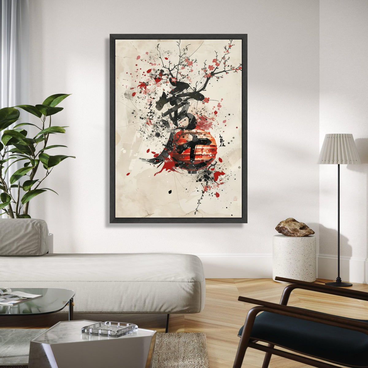 Japanese Lantern Canvas Wall Art, Ink Splash Cherry Blossom Painting, Asian Calligraphy Print, Modern Oriental Gift Art, Home Decor, Print