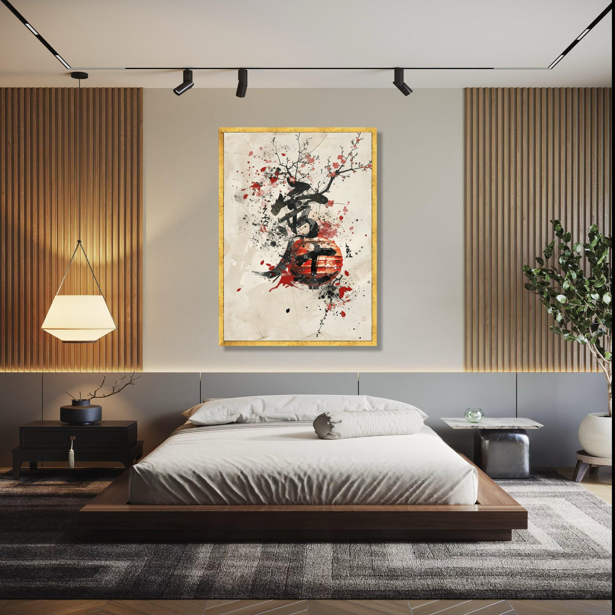 Japanese Lantern Canvas Wall Art, Ink Splash Cherry Blossom Painting, Asian Calligraphy Print, Modern Oriental Gift Art, Home Decor, Print