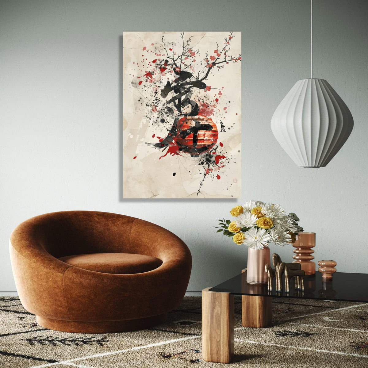 Japanese Lantern Canvas Wall Art, Ink Splash Cherry Blossom Painting, Asian Calligraphy Print, Modern Oriental Gift Art, Home Decor, Print
