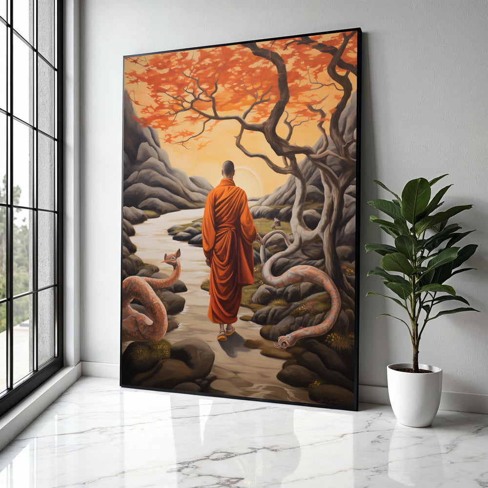 Meditative Monk in Autumn Landscape Canvas, Spiritual Wall Art, Serene Nature Scene, Orange Trees and River, Zen Gift Art, Home Decor, Print