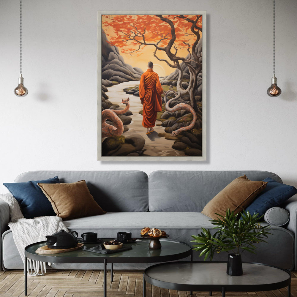 Meditative Monk in Autumn Landscape Canvas, Spiritual Wall Art, Serene Nature Scene, Orange Trees and River, Zen Gift Art, Home Decor, Print