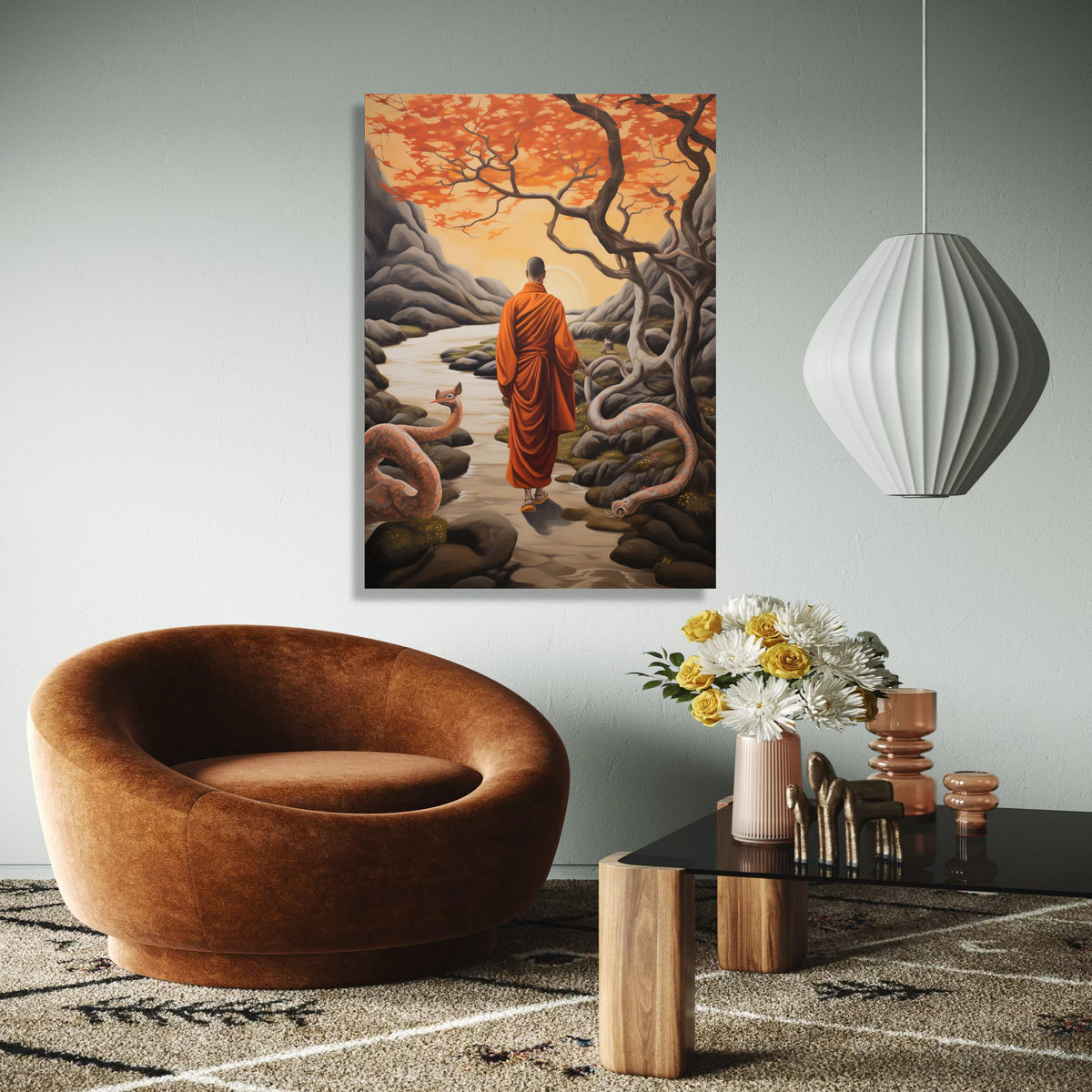 Meditative Monk in Autumn Landscape Canvas, Spiritual Wall Art, Serene Nature Scene, Orange Trees and River, Zen Gift Art, Home Decor, Print