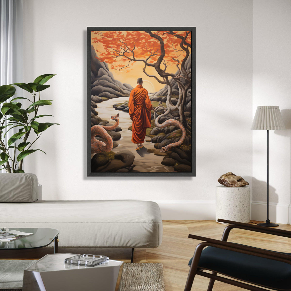 Meditative Monk in Autumn Landscape Canvas, Spiritual Wall Art, Serene Nature Scene, Orange Trees and River, Zen Gift Art, Home Decor, Print