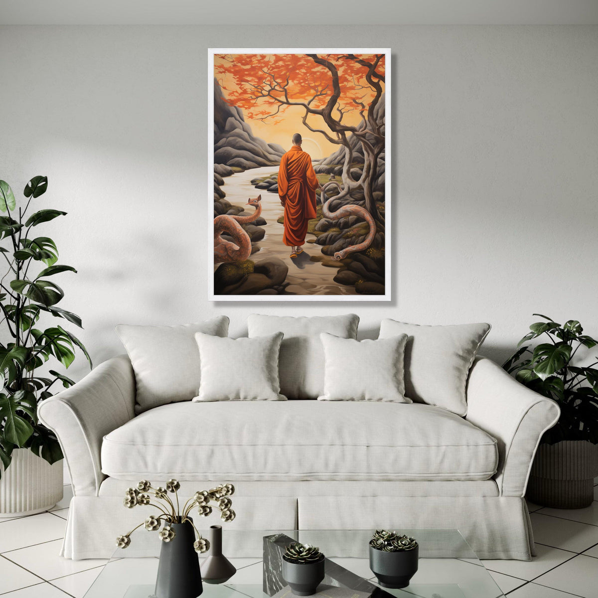 Meditative Monk in Autumn Landscape Canvas, Spiritual Wall Art, Serene Nature Scene, Orange Trees and River, Zen Gift Art, Home Decor, Print