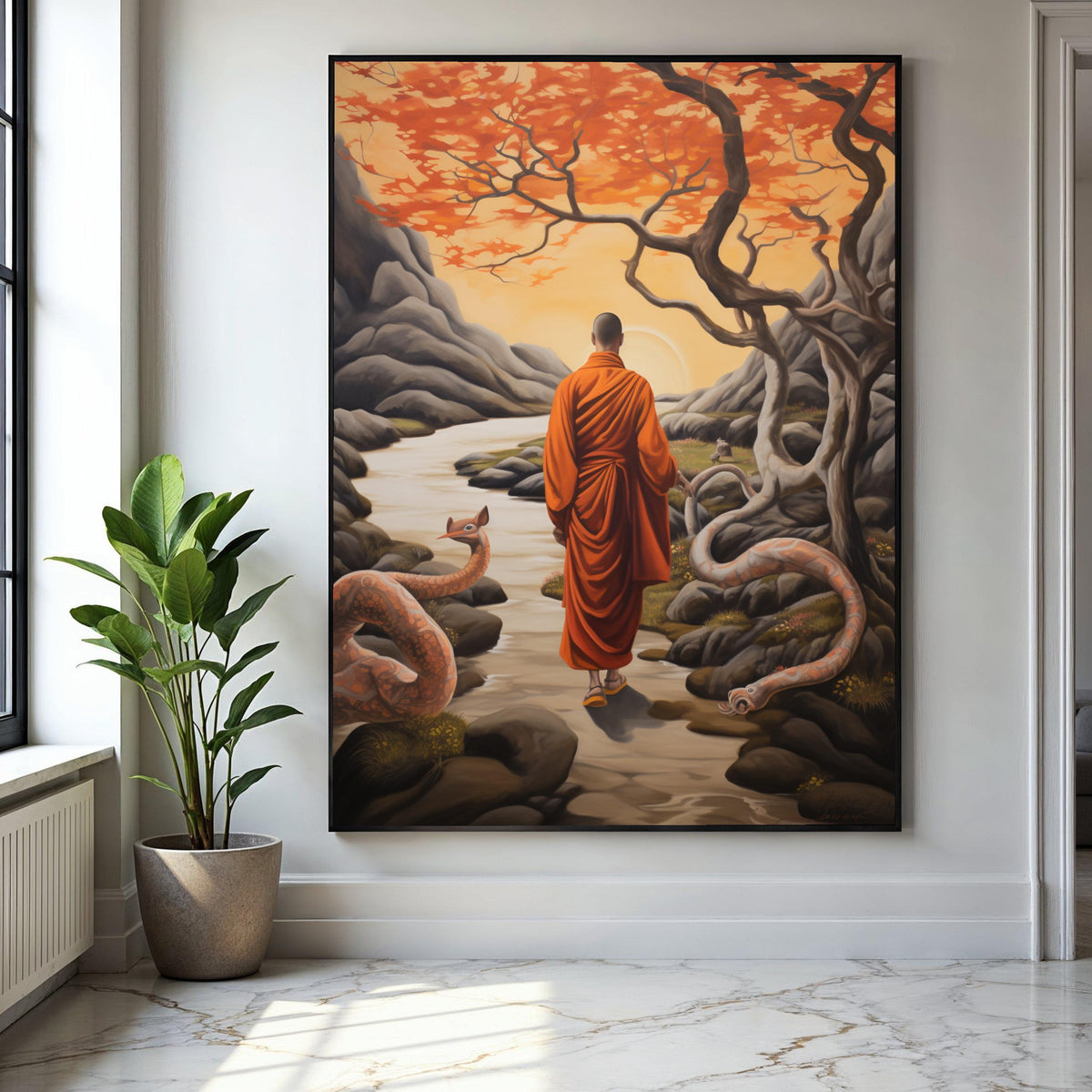 Meditative Monk in Autumn Landscape Canvas, Spiritual Wall Art, Serene Nature Scene, Orange Trees and River, Zen Gift Art, Home Decor, Print