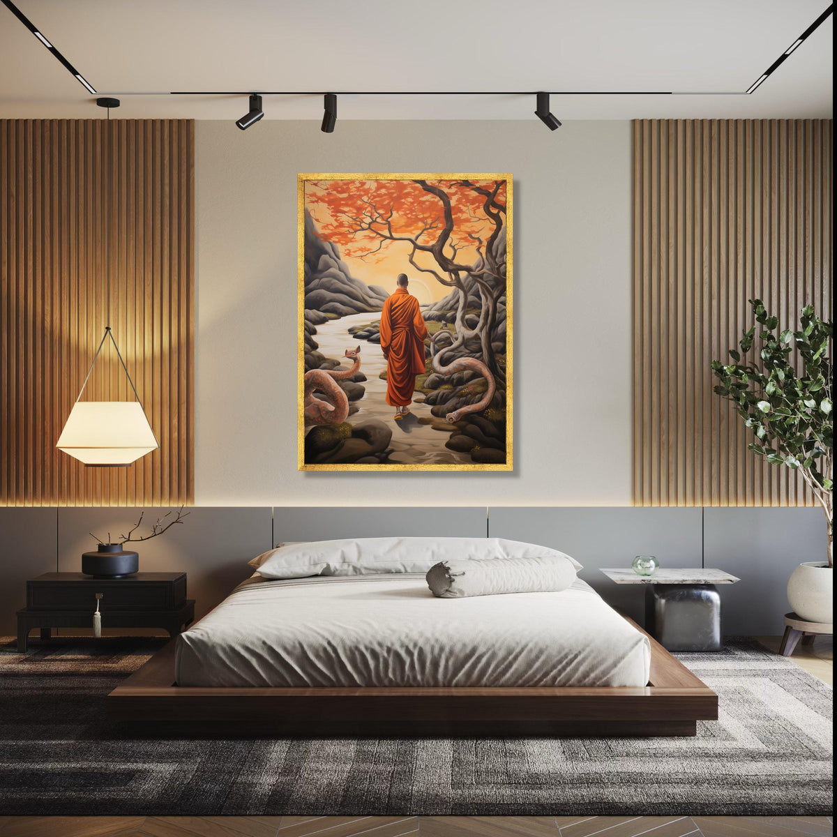 Meditative Monk in Autumn Landscape Canvas, Spiritual Wall Art, Serene Nature Scene, Orange Trees and River, Zen Gift Art, Home Decor, Print