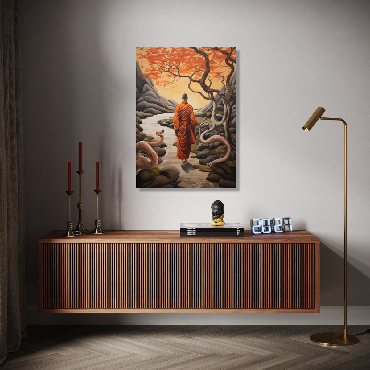 Meditative Monk in Autumn Landscape Canvas, Spiritual Wall Art, Serene Nature Scene, Orange Trees and River, Zen Gift Art, Home Decor, Print
