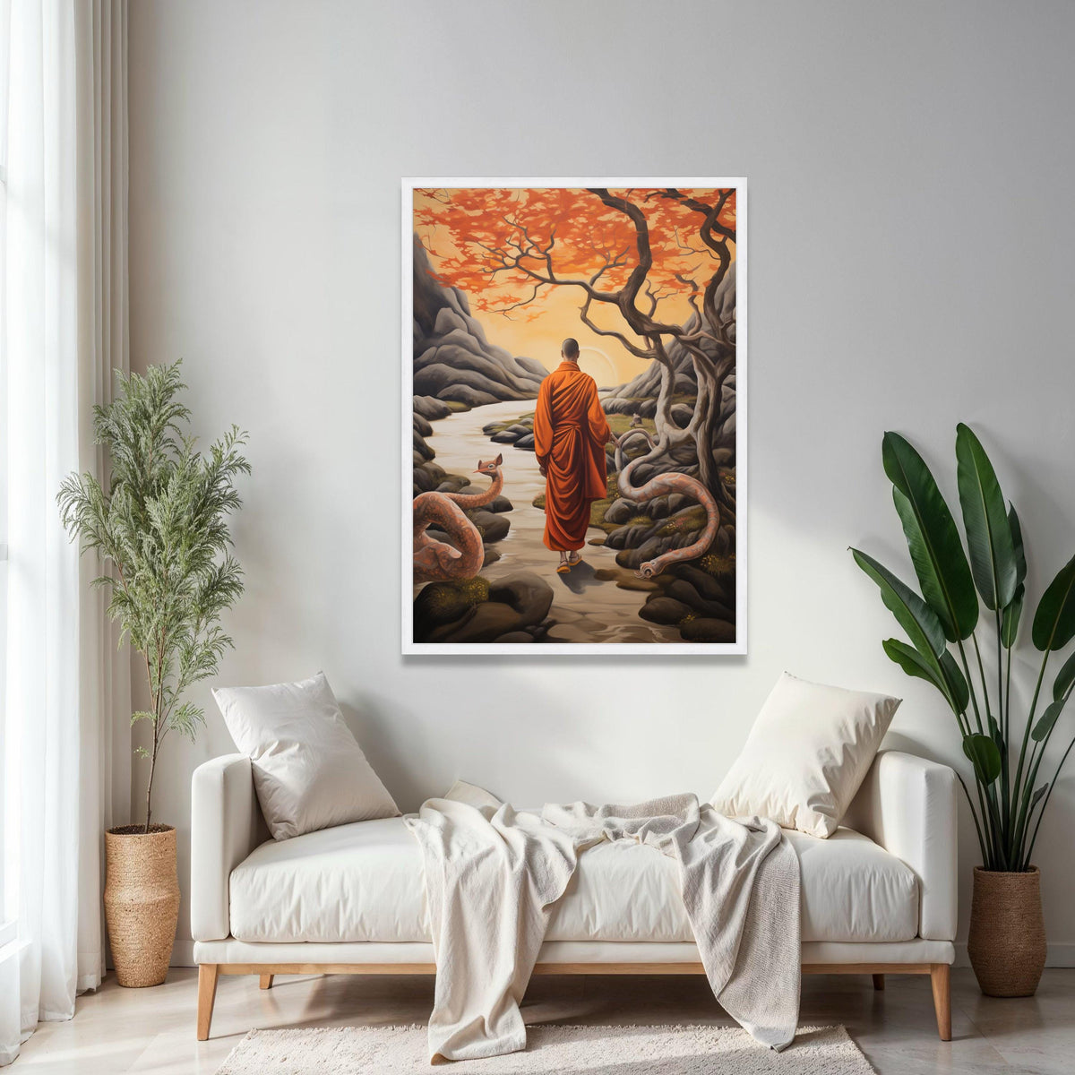 Meditative Monk in Autumn Landscape Canvas, Spiritual Wall Art, Serene Nature Scene, Orange Trees and River, Zen Gift Art, Home Decor, Print