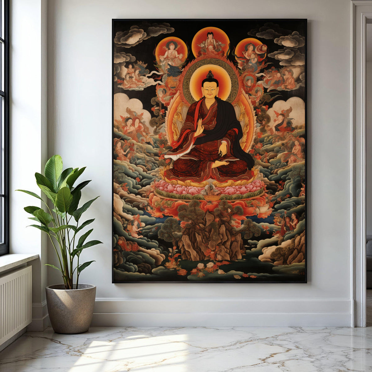 Buddha Meditation Canvas Wall Art, Tibetan Buddhist Thangka Painting, Spiritual Zen Home Decor, Sacred Lotus Gift Art, Home Decor, Print