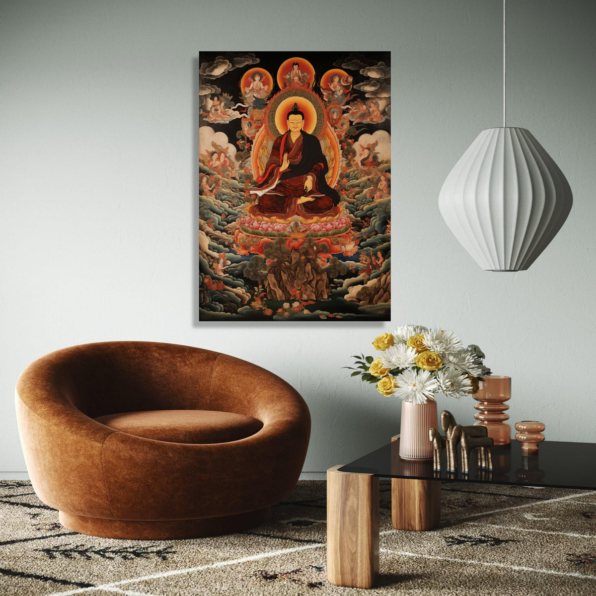 Buddha Meditation Canvas Wall Art, Tibetan Buddhist Thangka Painting, Spiritual Zen Home Decor, Sacred Lotus Gift Art, Home Decor, Print