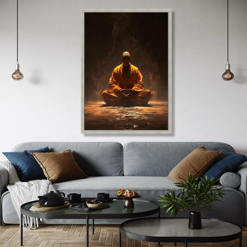 Meditative Monk in Orange Robe, Spiritual Zen Canvas, Peaceful Yoga Wall Art, Mindfulness Decor, Calming Gift Art, Home Decor, Print