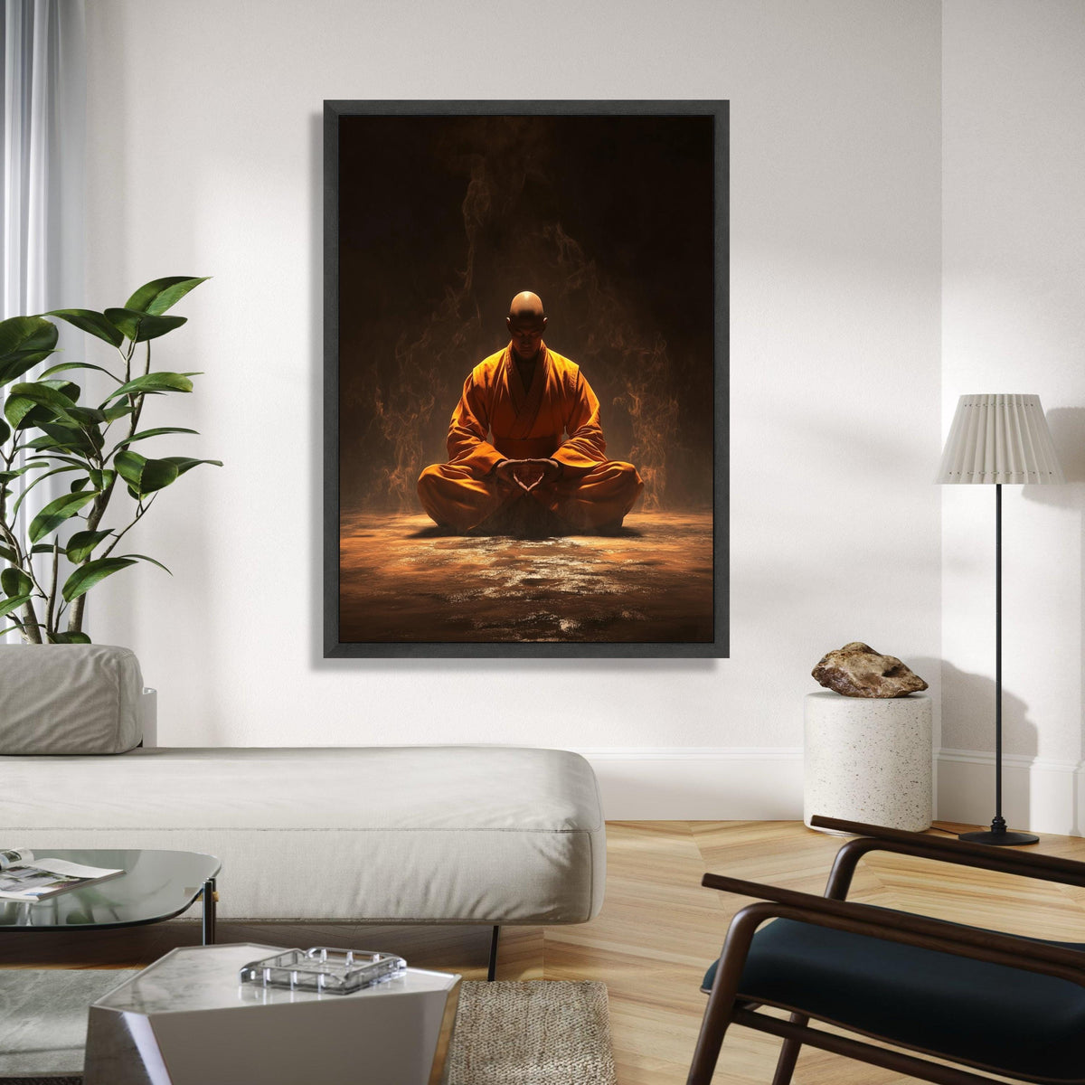 Meditative Monk in Orange Robe, Spiritual Zen Canvas, Peaceful Yoga Wall Art, Mindfulness Decor, Calming Gift Art, Home Decor, Print