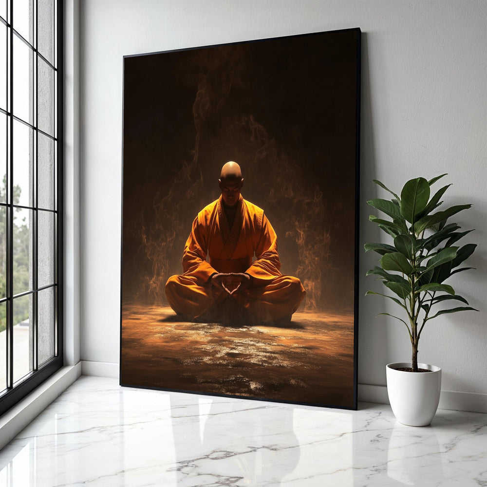 Meditative Monk in Orange Robe, Spiritual Zen Canvas, Peaceful Yoga Wall Art, Mindfulness Decor, Calming Gift Art, Home Decor, Print