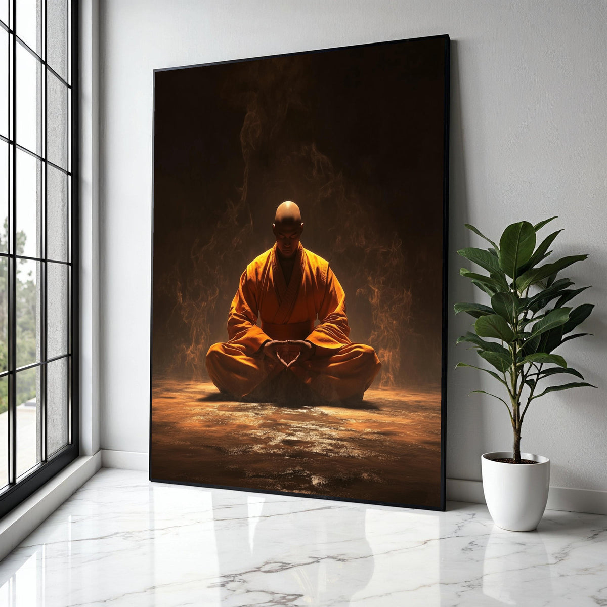 Meditative Monk in Orange Robe, Spiritual Zen Canvas, Peaceful Yoga Wall Art, Mindfulness Decor, Calming Gift Art, Home Decor, Print