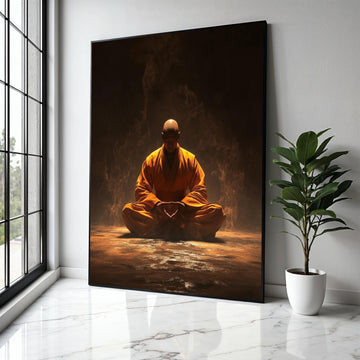 Meditative Monk in Orange Robe, Spiritual Zen Canvas, Peaceful Yoga Wall Art, Mindfulness Decor, Calming Gift Art, Home Decor, Print