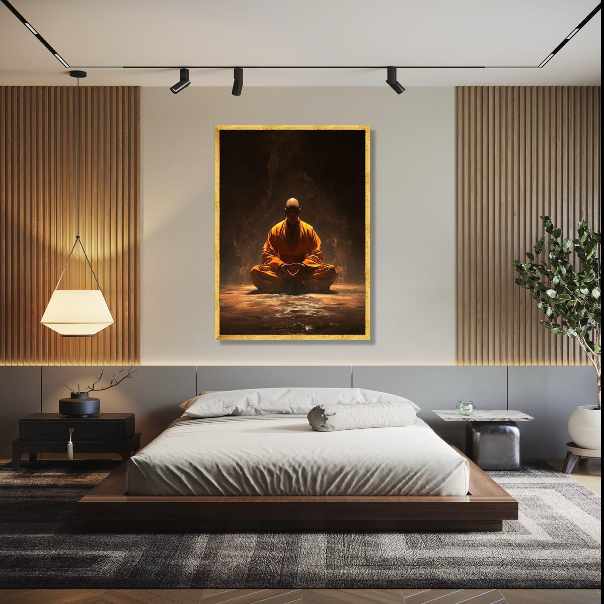 Meditative Monk in Orange Robe, Spiritual Zen Canvas, Peaceful Yoga Wall Art, Mindfulness Decor, Calming Gift Art, Home Decor, Print