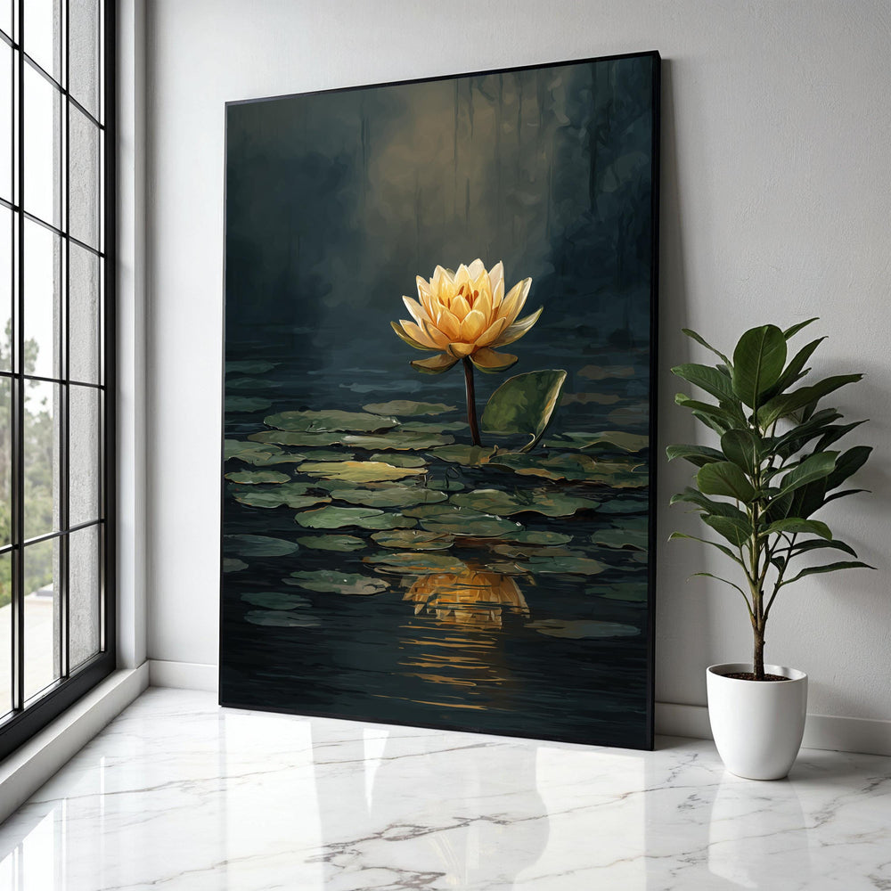 Golden Lotus Flower Canvas, Water Lily Reflection Wall Art, Serene Pond Nature Canvas, Floral Botanical Decor, Gift Art, Home Decor, Print
