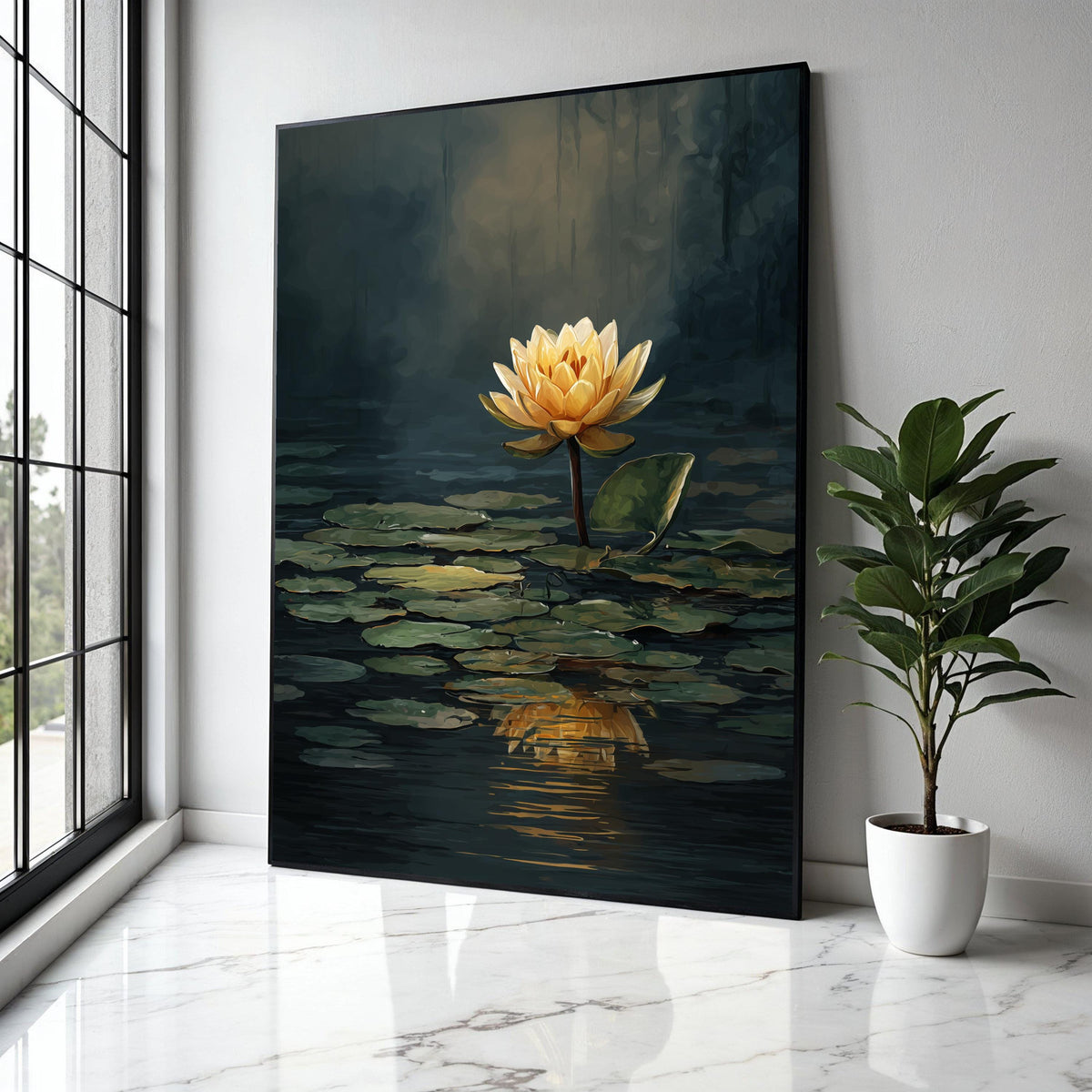 Golden Lotus Flower Canvas, Water Lily Reflection Wall Art, Serene Pond Nature Canvas, Floral Botanical Decor, Gift Art, Home Decor, Print