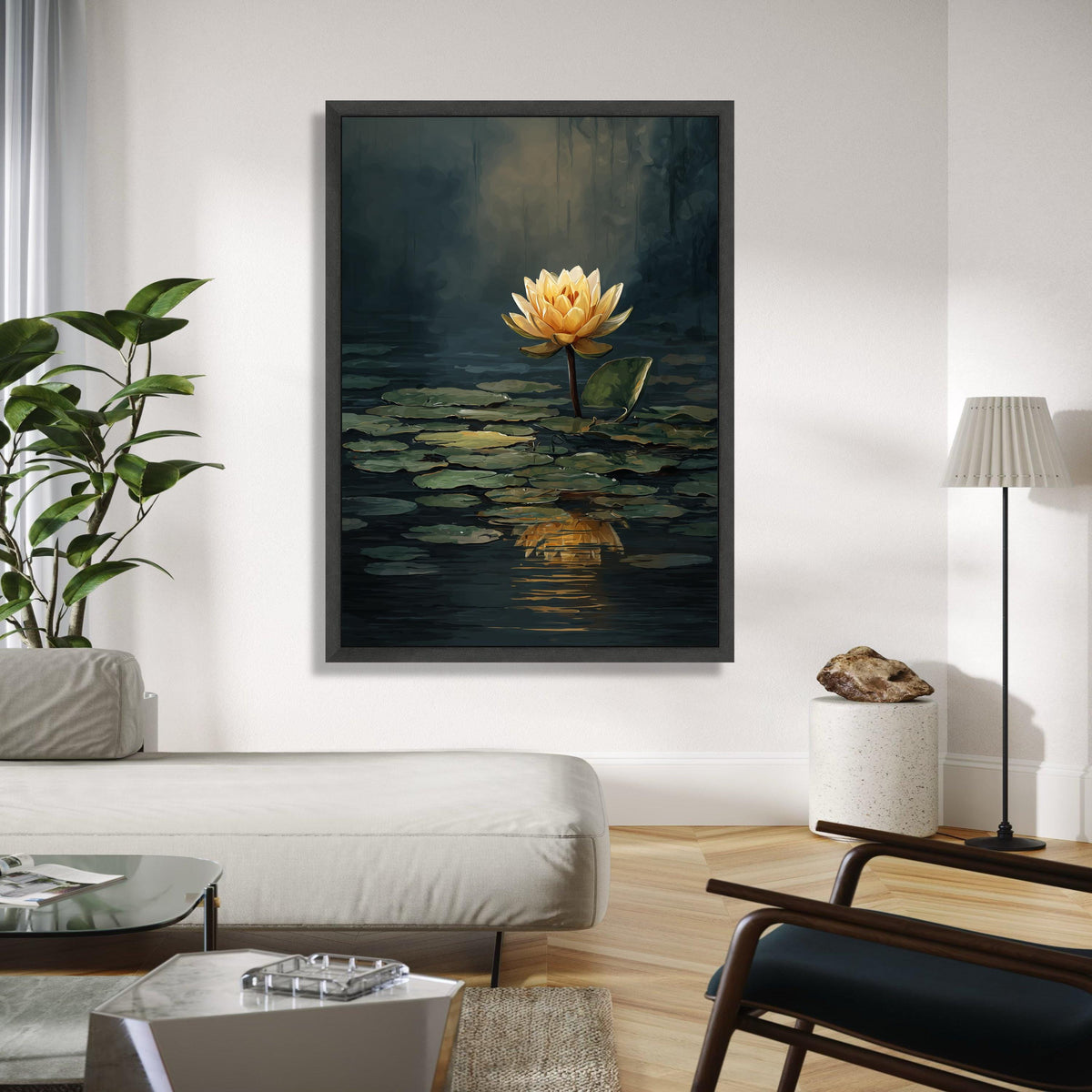 Golden Lotus Flower Canvas, Water Lily Reflection Wall Art, Serene Pond Nature Canvas, Floral Botanical Decor, Gift Art, Home Decor, Print