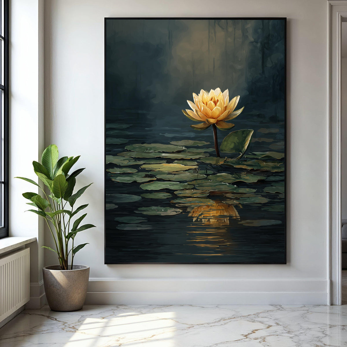 Golden Lotus Flower Canvas, Water Lily Reflection Wall Art, Serene Pond Nature Canvas, Floral Botanical Decor, Gift Art, Home Decor, Print