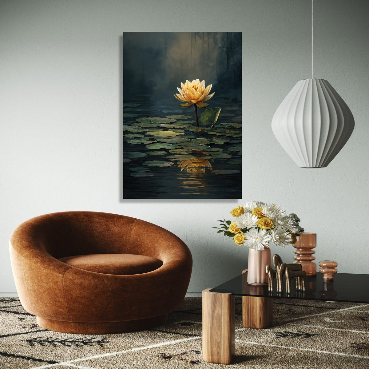 Golden Lotus Flower Canvas, Water Lily Reflection Wall Art, Serene Pond Nature Canvas, Floral Botanical Decor, Gift Art, Home Decor, Print