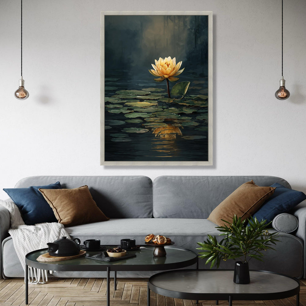 Golden Lotus Flower Canvas, Water Lily Reflection Wall Art, Serene Pond Nature Canvas, Floral Botanical Decor, Gift Art, Home Decor, Print