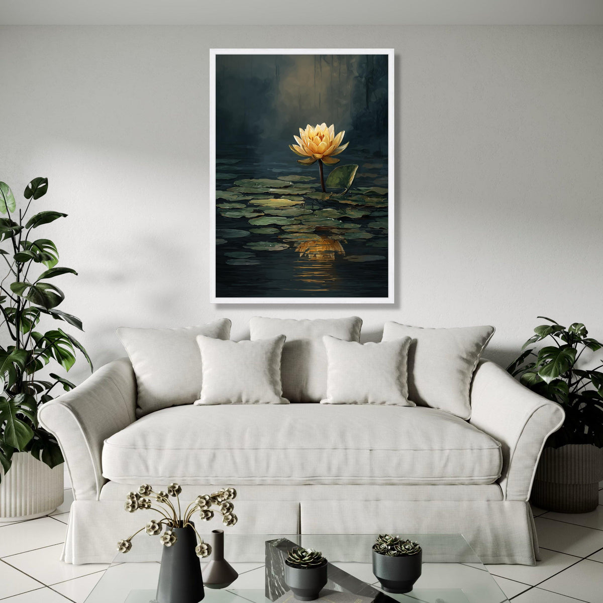 Golden Lotus Flower Canvas, Water Lily Reflection Wall Art, Serene Pond Nature Canvas, Floral Botanical Decor, Gift Art, Home Decor, Print