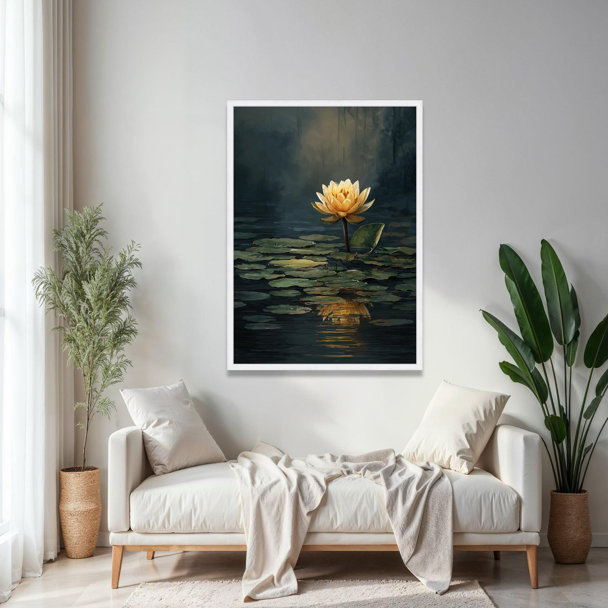 Golden Lotus Flower Canvas, Water Lily Reflection Wall Art, Serene Pond Nature Canvas, Floral Botanical Decor, Gift Art, Home Decor, Print