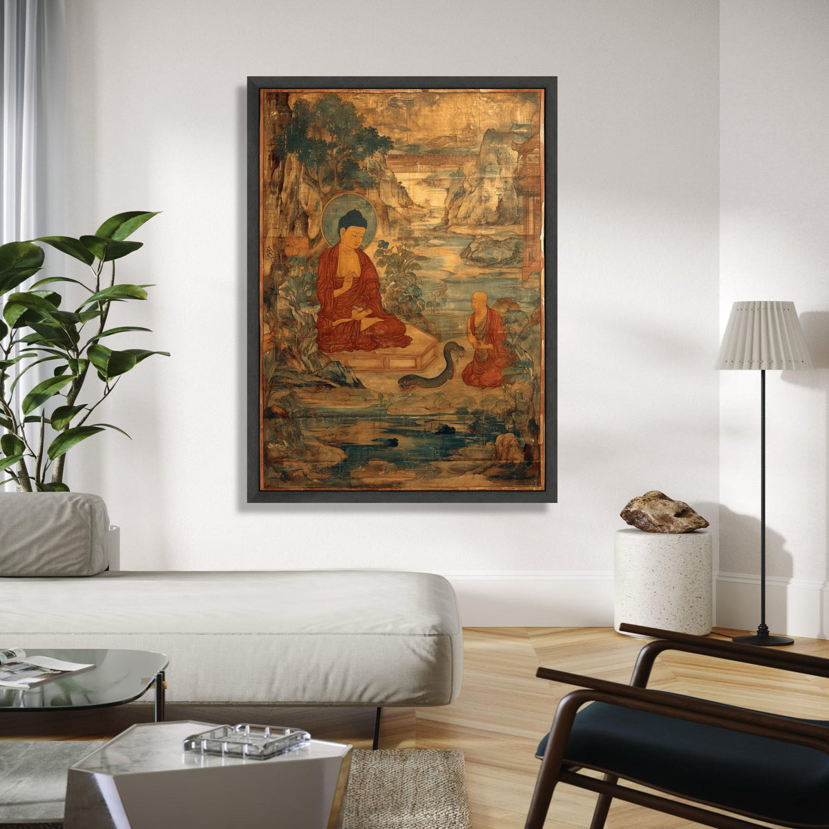 Vintage Buddha Teaching Canvas Wall Art, Ancient Buddhist Painting, Meditation Scene Canvas, Spiritual Home Gift Art, Home Decor, Print