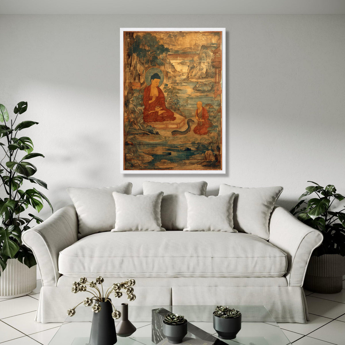 Vintage Buddha Teaching Canvas Wall Art, Ancient Buddhist Painting, Meditation Scene Canvas, Spiritual Home Gift Art, Home Decor, Print