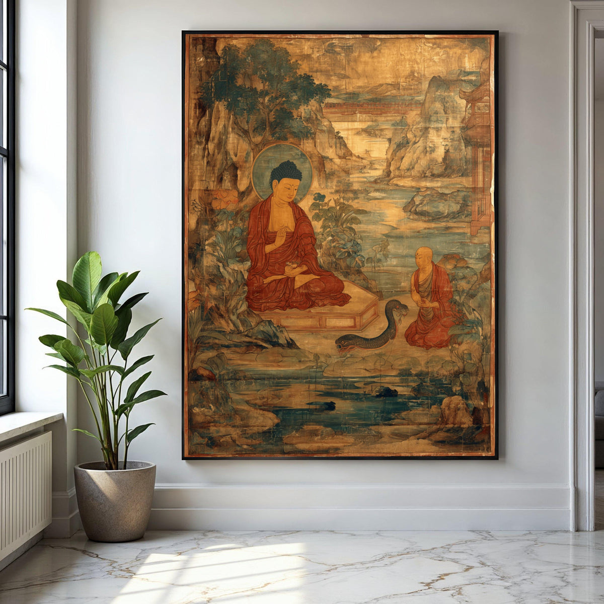 Vintage Buddha Teaching Canvas Wall Art, Ancient Buddhist Painting, Meditation Scene Canvas, Spiritual Home Gift Art, Home Decor, Print