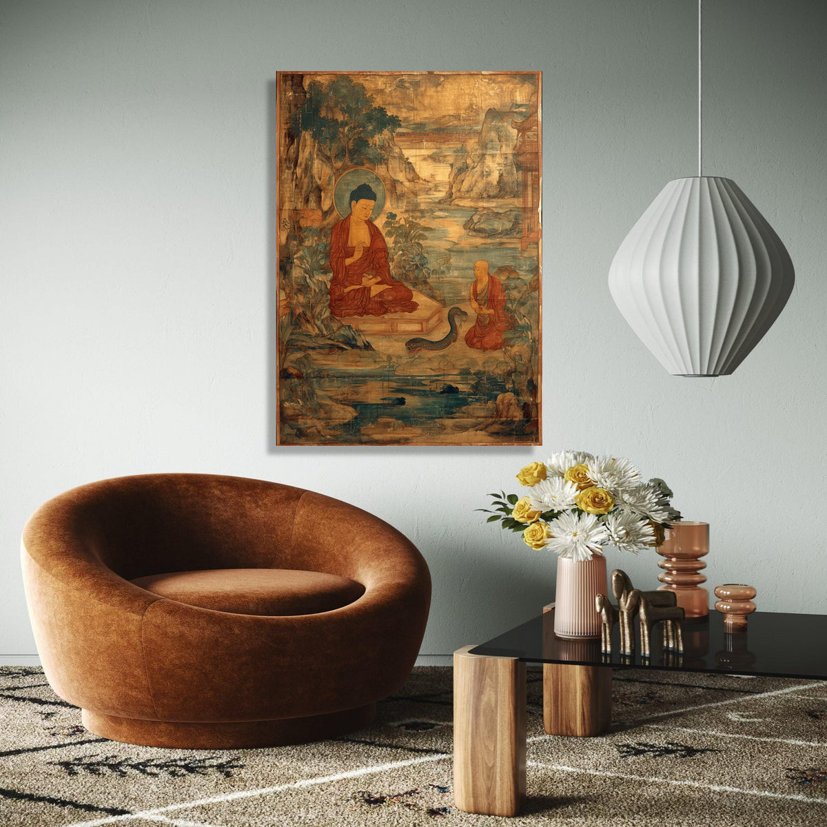 Vintage Buddha Teaching Canvas Wall Art, Ancient Buddhist Painting, Meditation Scene Canvas, Spiritual Home Gift Art, Home Decor, Print