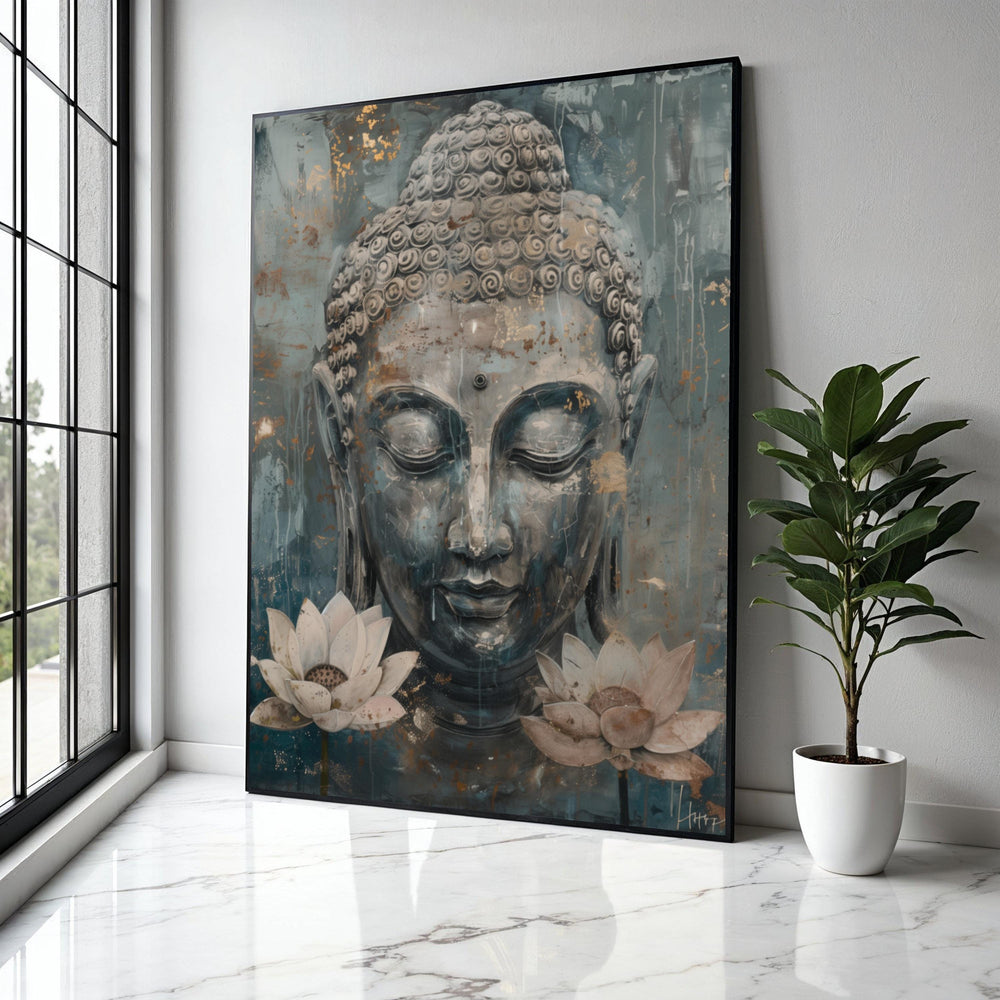 Serene Buddha Face Canvas Wall Art, Meditative Spiritual Decor, Lotus Flower Painting, Tranquil Zen Art, Gift Art, Home Decor, Print