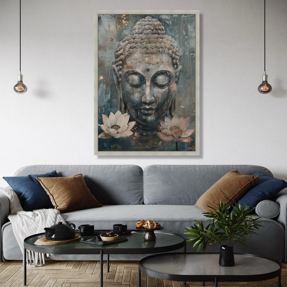 Serene Buddha Face Canvas Wall Art, Meditative Spiritual Decor, Lotus Flower Painting, Tranquil Zen Art, Gift Art, Home Decor, Print