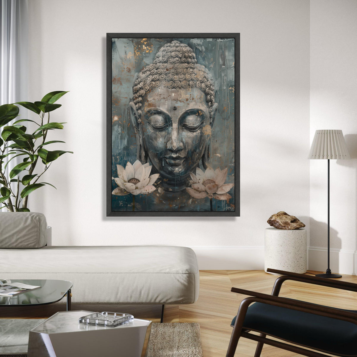 Serene Buddha Face Canvas Wall Art, Meditative Spiritual Decor, Lotus Flower Painting, Tranquil Zen Art, Gift Art, Home Decor, Print