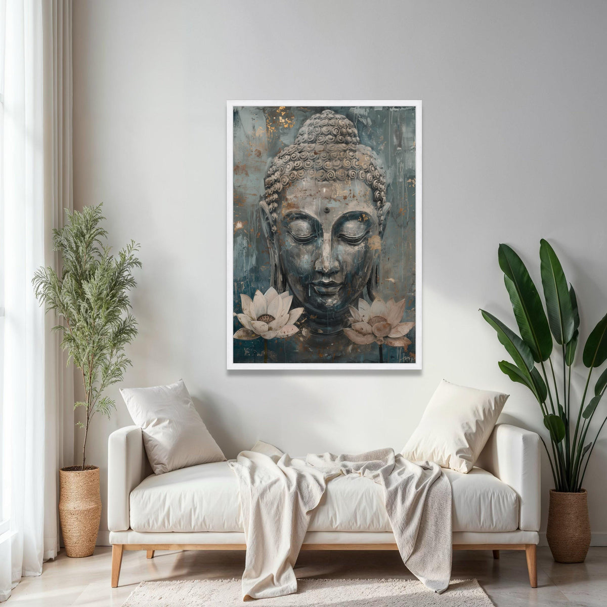 Serene Buddha Face Canvas Wall Art, Meditative Spiritual Decor, Lotus Flower Painting, Tranquil Zen Art, Gift Art, Home Decor, Print
