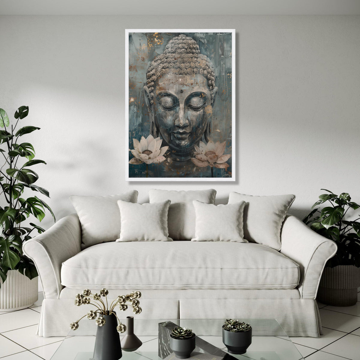 Serene Buddha Face Canvas Wall Art, Meditative Spiritual Decor, Lotus Flower Painting, Tranquil Zen Art, Gift Art, Home Decor, Print