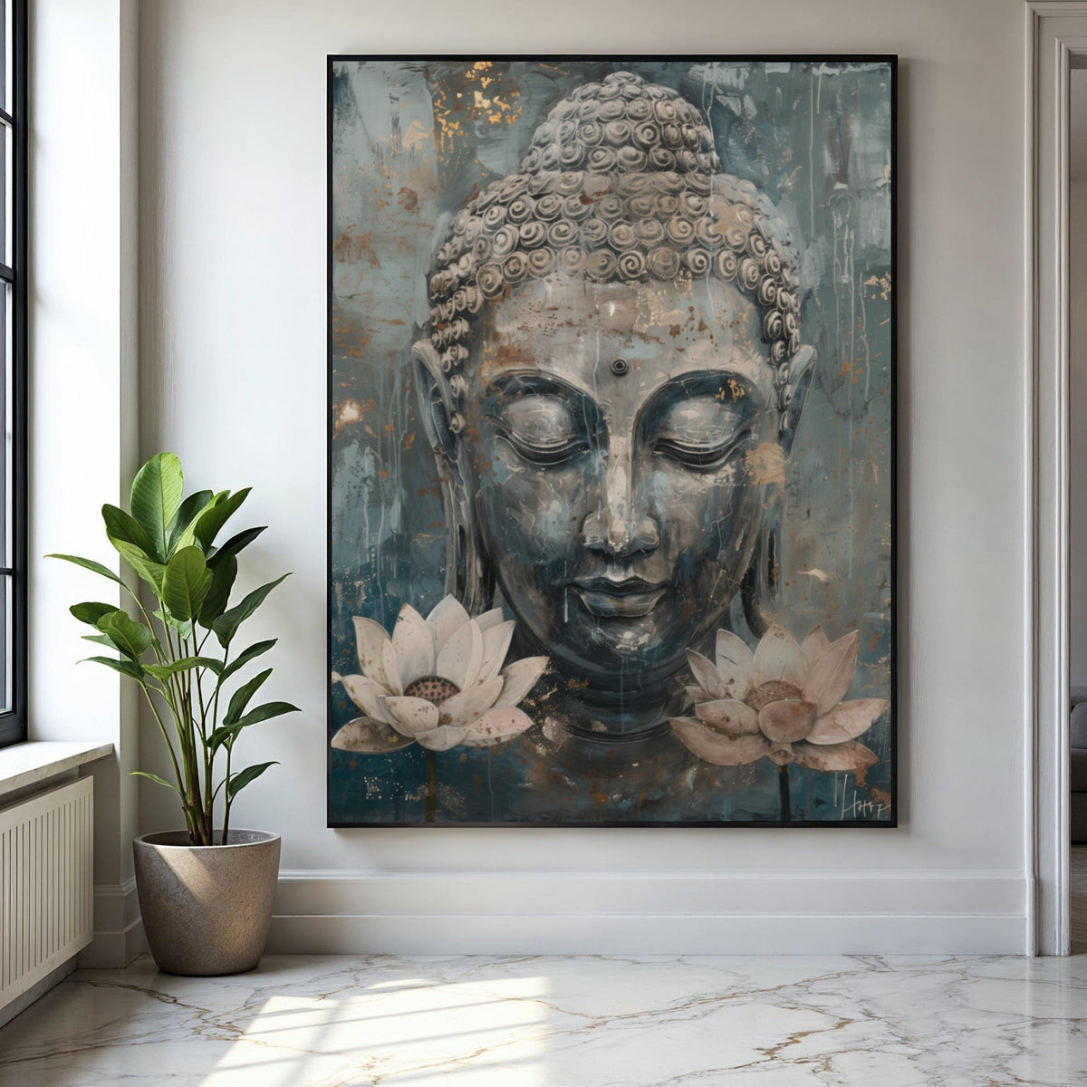 Serene Buddha Face Canvas Wall Art, Meditative Spiritual Decor, Lotus Flower Painting, Tranquil Zen Art, Gift Art, Home Decor, Print