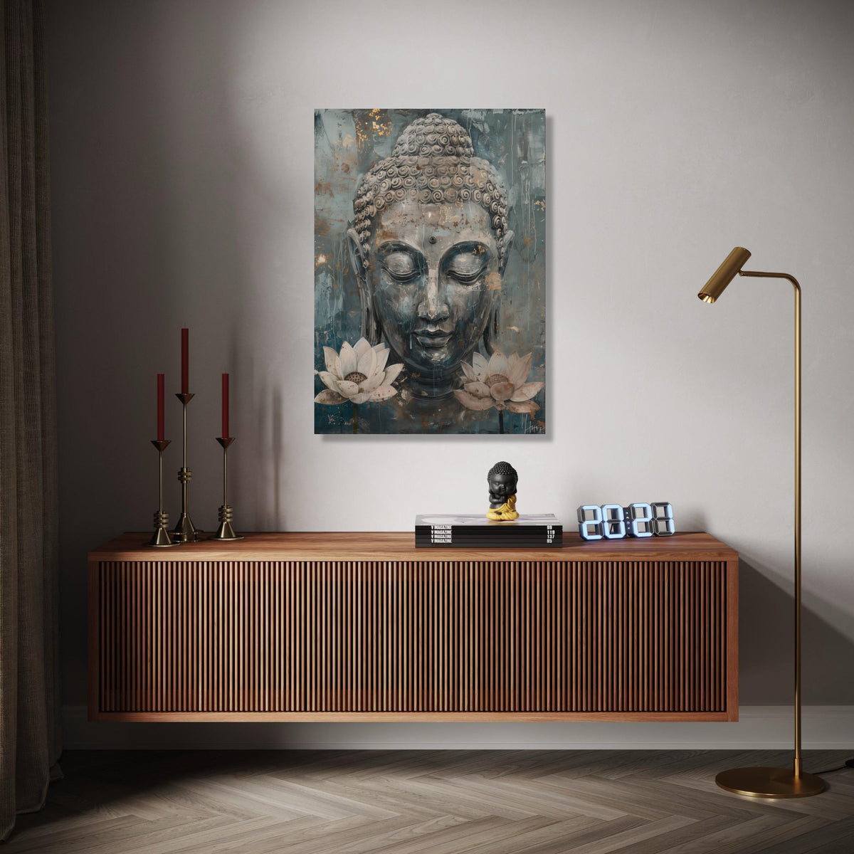 Serene Buddha Face Canvas Wall Art, Meditative Spiritual Decor, Lotus Flower Painting, Tranquil Zen Art, Gift Art, Home Decor, Print