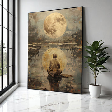 Meditative Monk with Full Moon Canvas Wall Art, Spiritual Reflection Painting, Abstract Zen Decor, Meditation Gift Art, Home Decor, Print