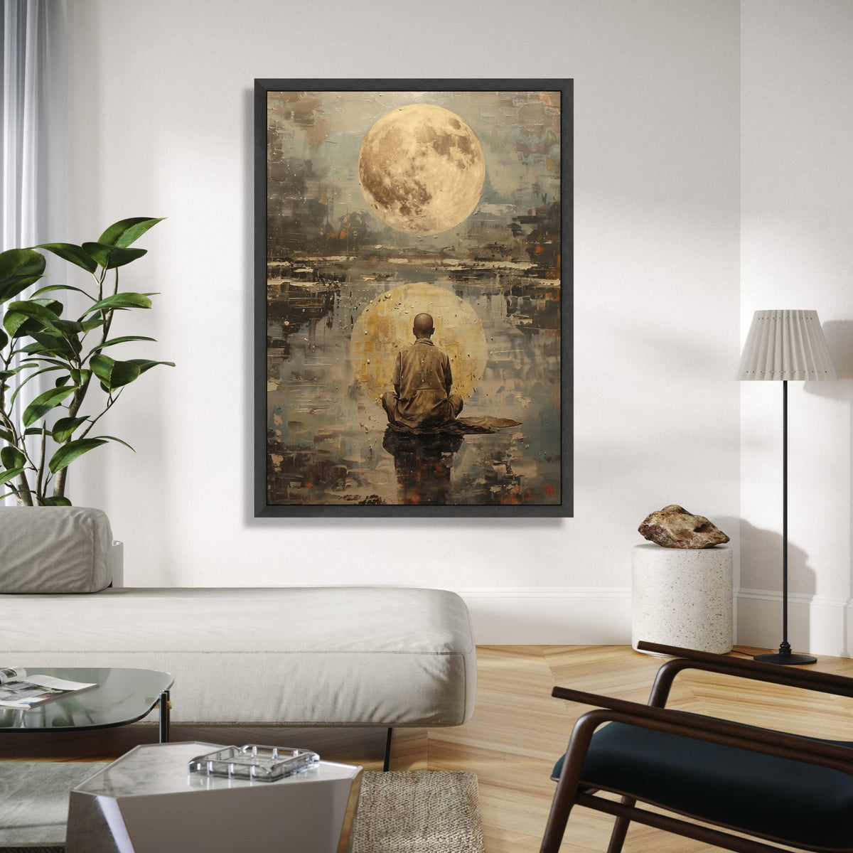 Meditative Monk with Full Moon Canvas Wall Art, Spiritual Reflection Painting, Abstract Zen Decor, Meditation Gift Art, Home Decor, Print