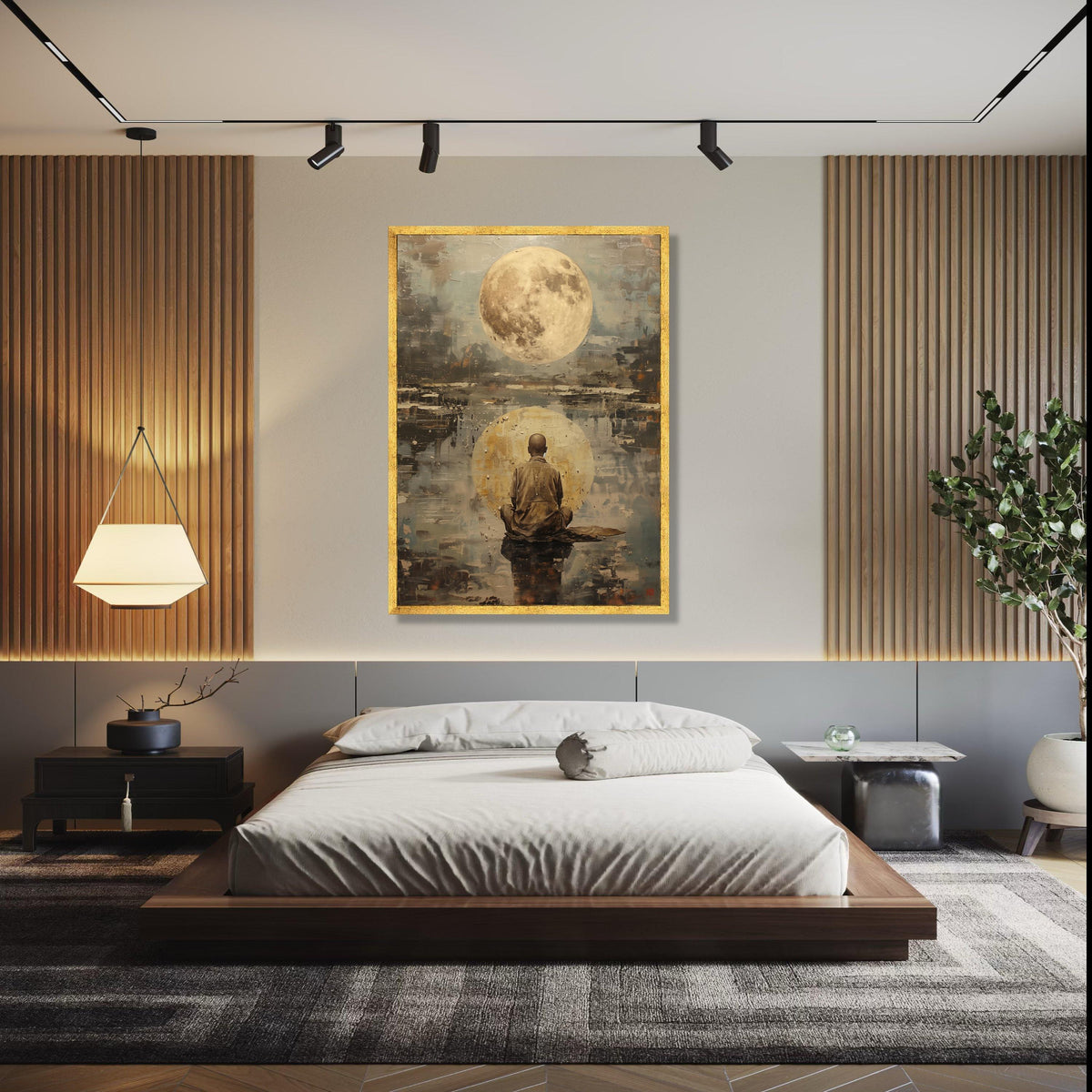 Meditative Monk with Full Moon Canvas Wall Art, Spiritual Reflection Painting, Abstract Zen Decor, Meditation Gift Art, Home Decor, Print