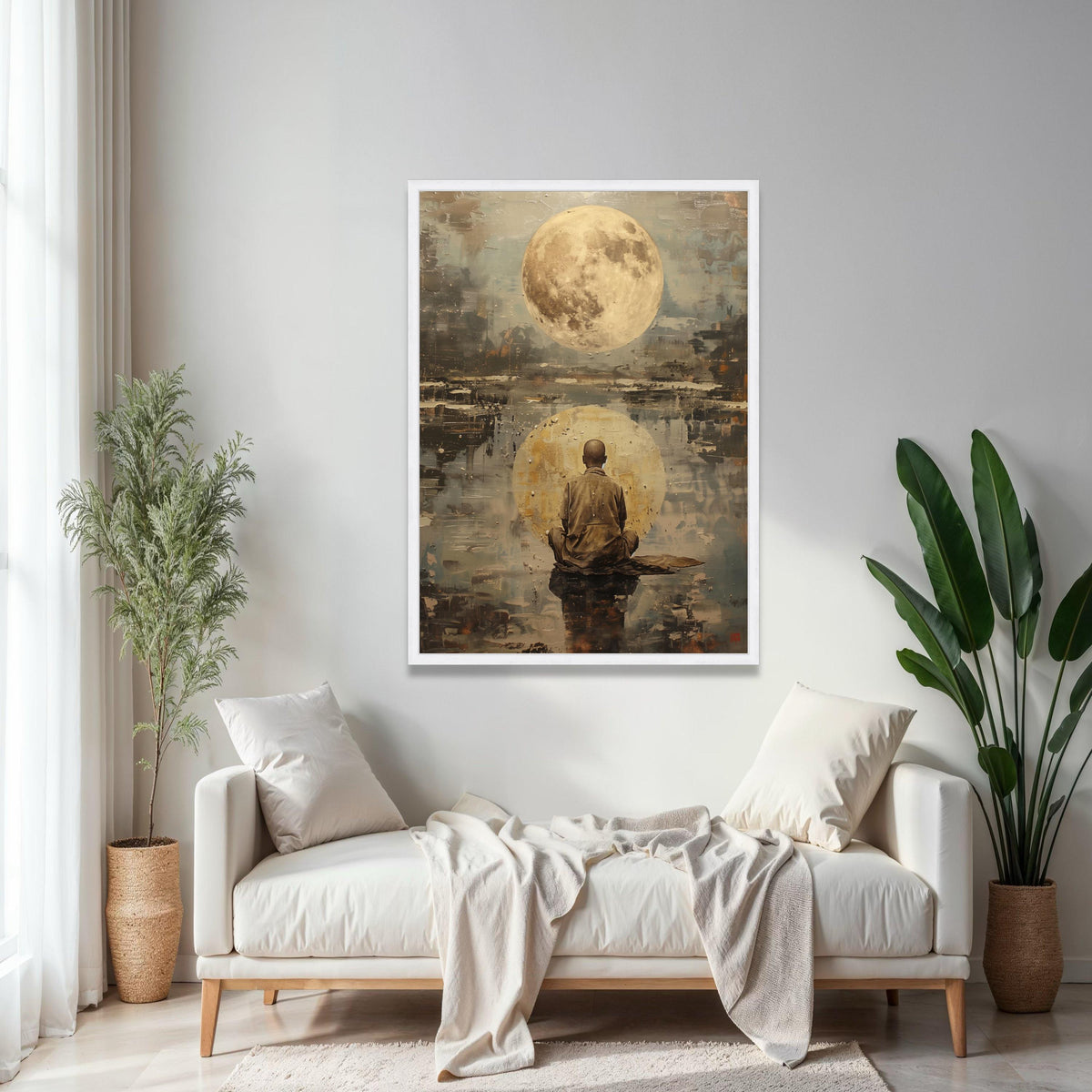Meditative Monk with Full Moon Canvas Wall Art, Spiritual Reflection Painting, Abstract Zen Decor, Meditation Gift Art, Home Decor, Print