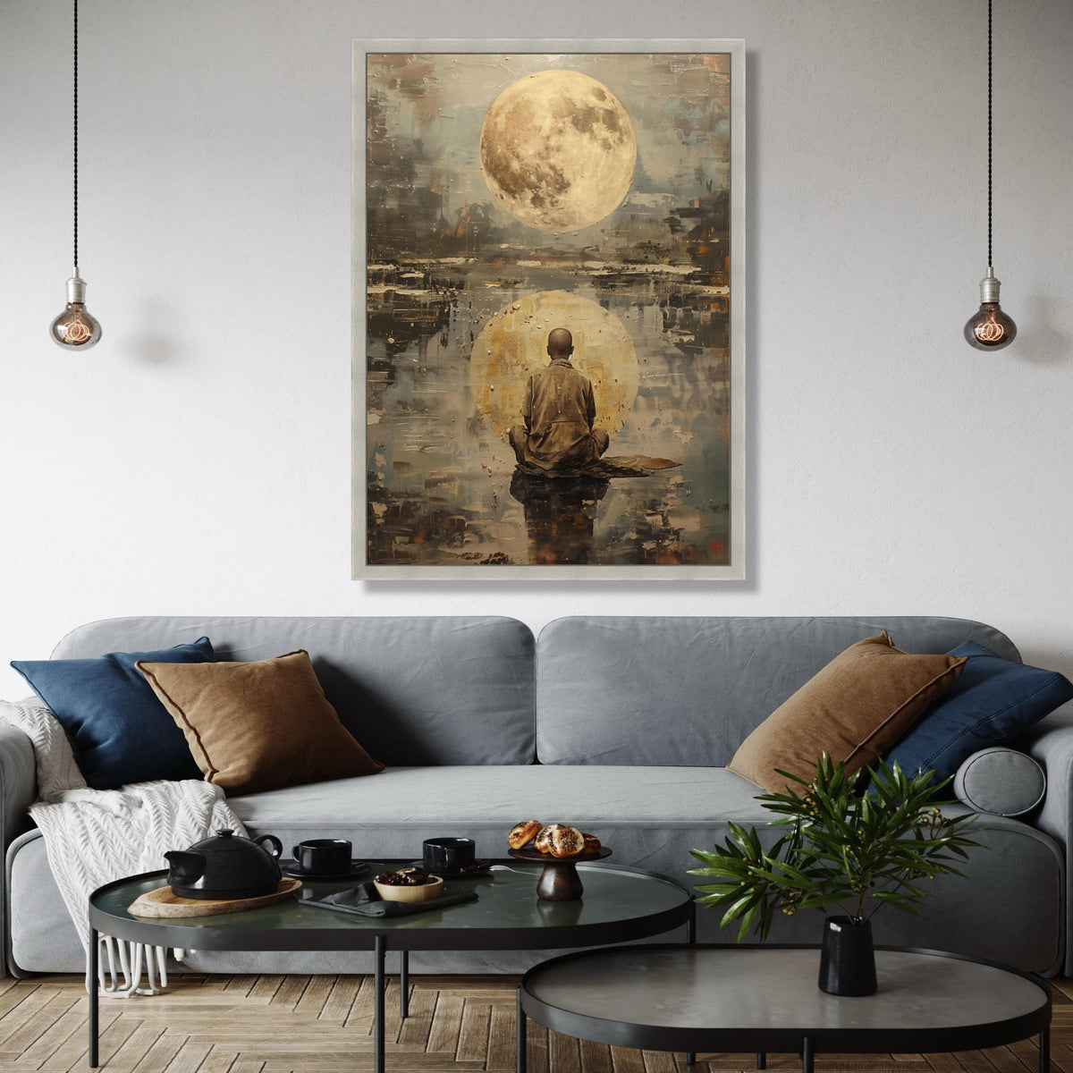 Meditative Monk with Full Moon Canvas Wall Art, Spiritual Reflection Painting, Abstract Zen Decor, Meditation Gift Art, Home Decor, Print