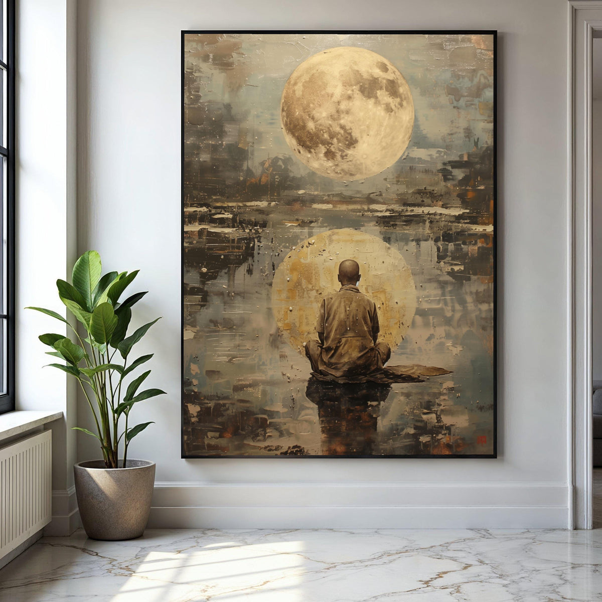 Meditative Monk with Full Moon Canvas Wall Art, Spiritual Reflection Painting, Abstract Zen Decor, Meditation Gift Art, Home Decor, Print