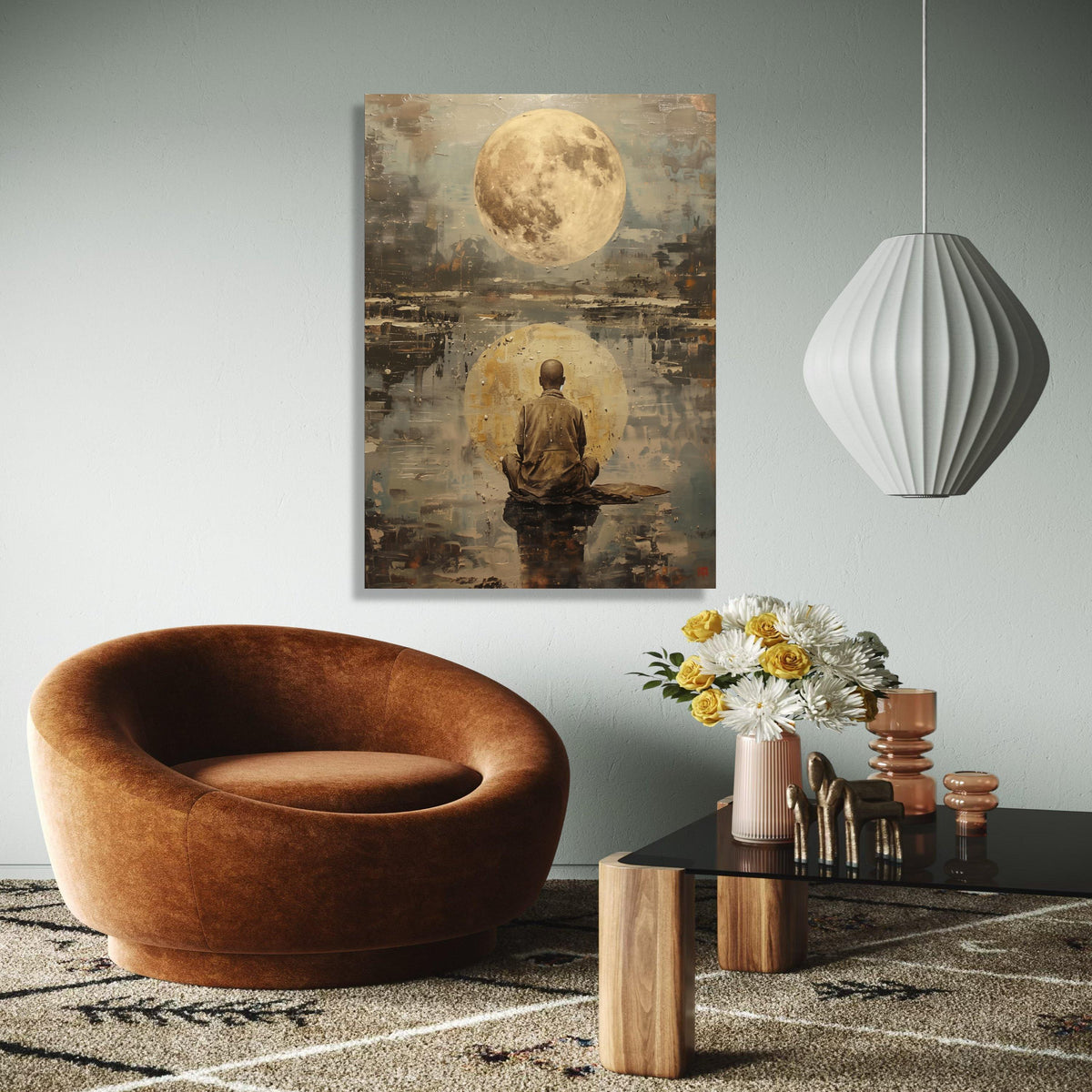 Meditative Monk with Full Moon Canvas Wall Art, Spiritual Reflection Painting, Abstract Zen Decor, Meditation Gift Art, Home Decor, Print