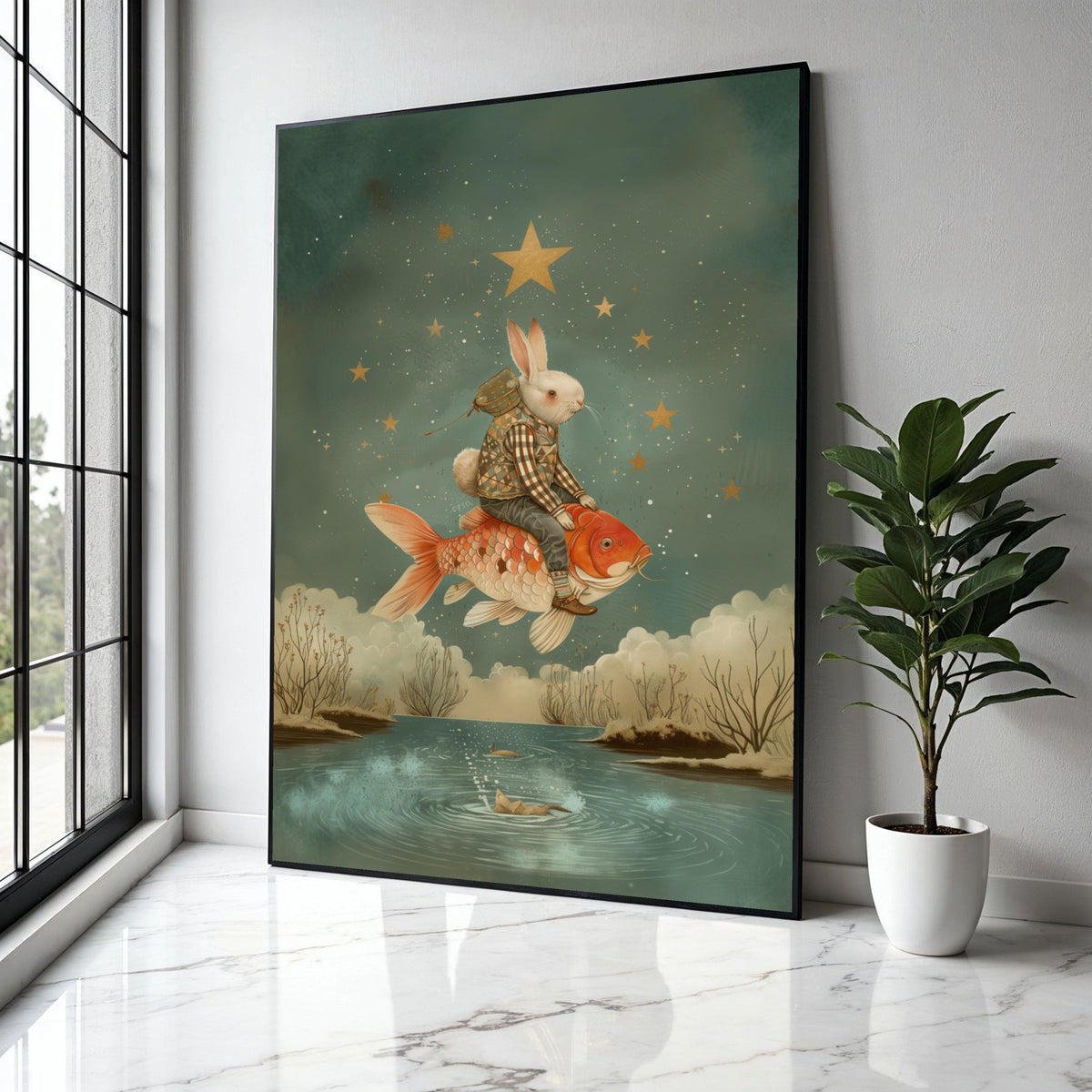 Whimsical Rabbit Riding Koi Fish, Fantasy Starry Sky Canvas, Surreal Animal Art, Dreamlike Nature Wall Decor, Gift Art, Home Decor, Print